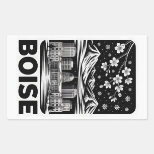 Boise Skyline Black and White Woodcut Winter  Rectangular Sticker