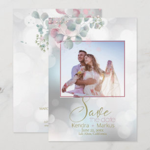 Bokeh and Rose Laurel  Eucalyptus Save the Date Invitation