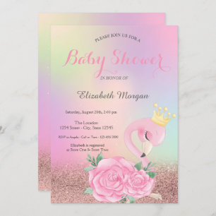 Bokeh,Baby Pink Flamingo Holographic Baby Shower Invitation