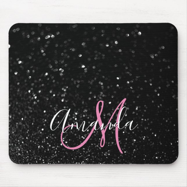 Bokeh Black Glitter Pink and White Monogram Mouse Pad (Front)