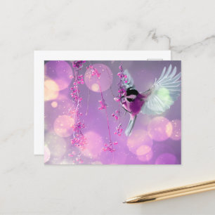 Bokeh Bubbles Flying Hummingbird - Pink Postcard