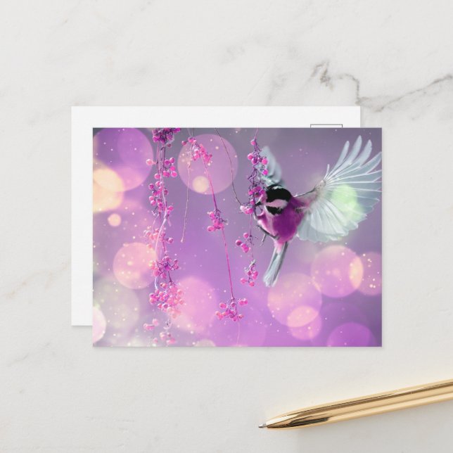 Bokeh Bubbles Flying Hummingbird - Pink Postcard (Front/Back In Situ)