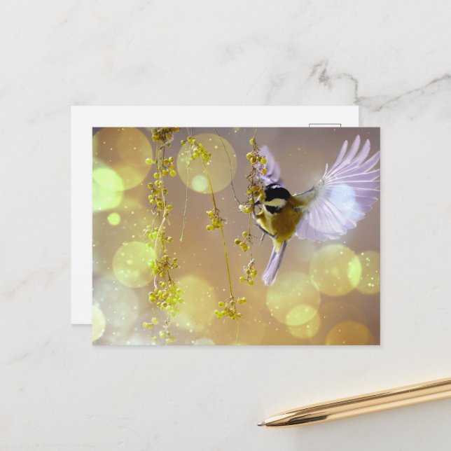 Bokeh Bubbles Flying Hummingbird - Yellow Postcard (Front/Back In Situ)