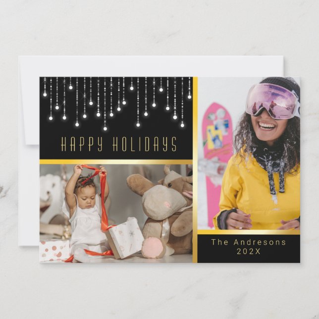 Bokeh Christmas Poinsettia Fairy Lights Gold Photo Invitation (Front)