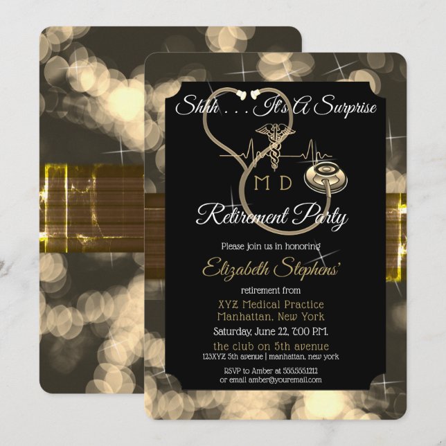 Bokeh Doctor Stethoscope Surprise Retirement Party Invitation (Front/Back)