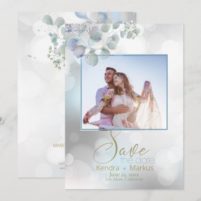 Bokeh Dusty Blue Laurel  Eucalyptus Save the Date Invitation (Front/Back)