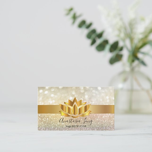 Bokeh Gold, Lotus Flower Yoga Instructor Business  Card (Standing Front)