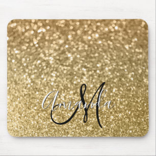 Bokeh Golden Glitter Black and White Monogram Mouse Pad