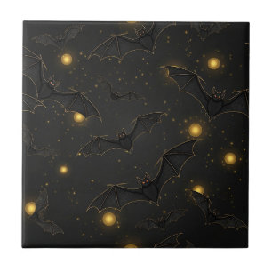 Bokeh Halloween Seamless Flying Bats with Lights Ceramic Tile