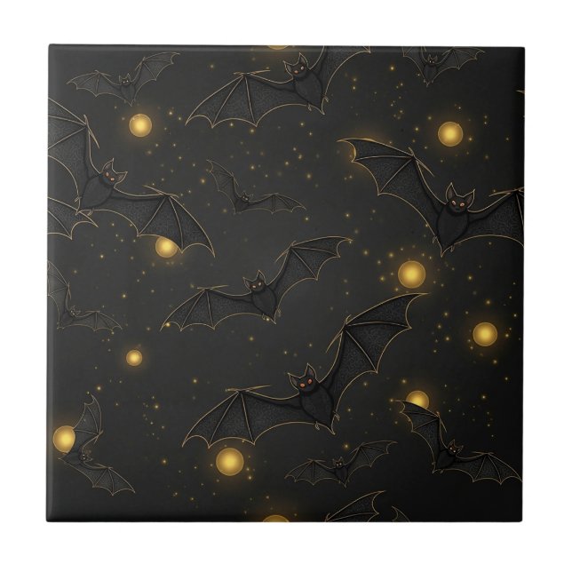 Bokeh Halloween Seamless | Flying Bats with Lights Ceramic Tile (Front)