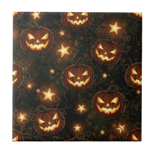 Bokeh Halloween Seamless   Glowing Jack-O’ Lantern Ceramic Tile