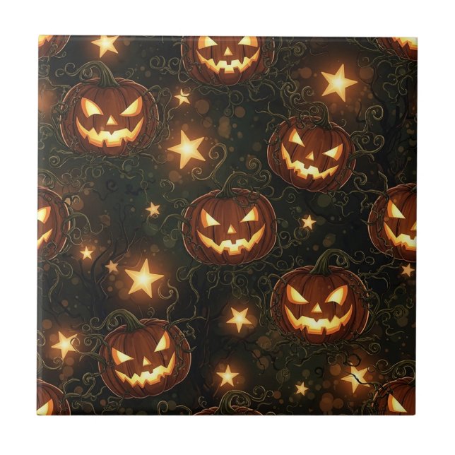 Bokeh Halloween Seamless | Glowing Jack-O’ Lantern Ceramic Tile (Front)