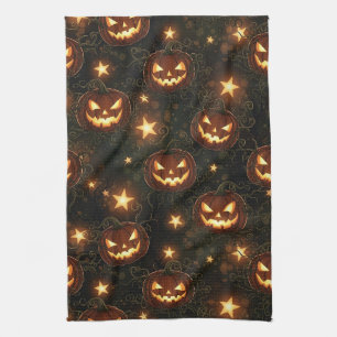 Bokeh Halloween Seamless   Glowing Jack-O’ Lantern Tea Towel