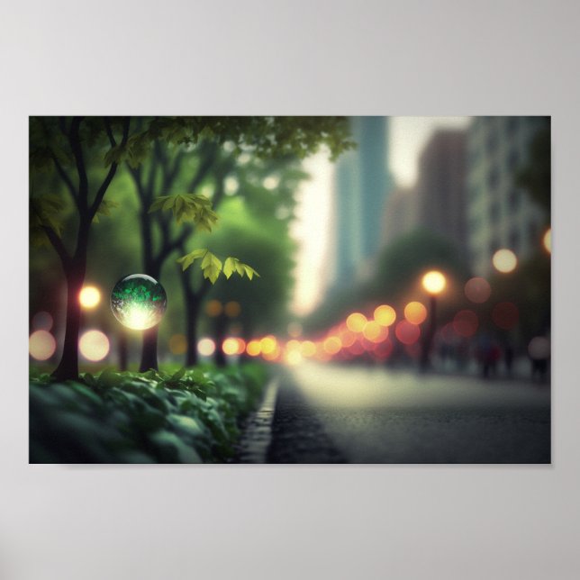Bokeh Lighted Blurry City Sidewalk Poster (Front)