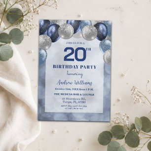 Bokeh Lights 20th Glitter Balloons Birthday Party Invitation