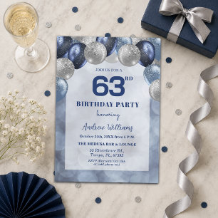 Bokeh Lights 63rd Glitter Balloons Birthday Party Invitation