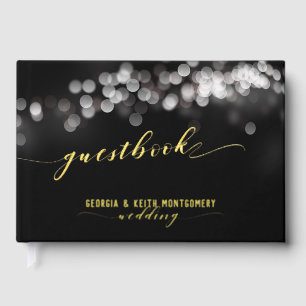 Bokeh Lights Black Gold Script Elegant Wedding  Guest Book