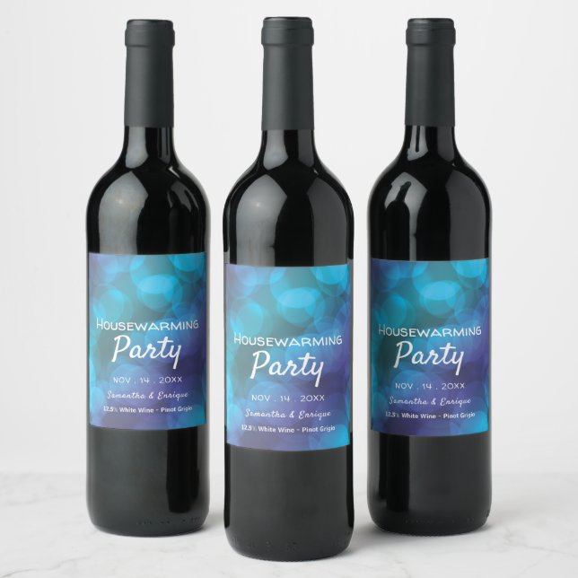 Bokeh Lights, Blue Spot Housewarming Party Wine Label (Bottles)