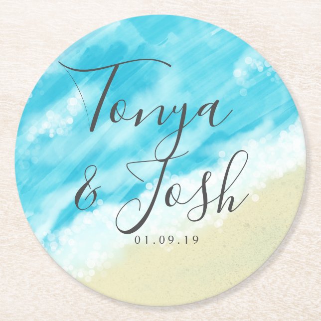 Bokeh Lights Modern Watercolor Beach Wedding Round Paper Coaster (Front)