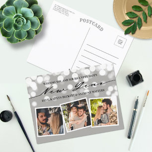 Bokeh Lights   New Year 3 Photo Collage Holiday Postcard