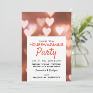 Bokeh Lights, Pink Heart Housewarming Party Invite