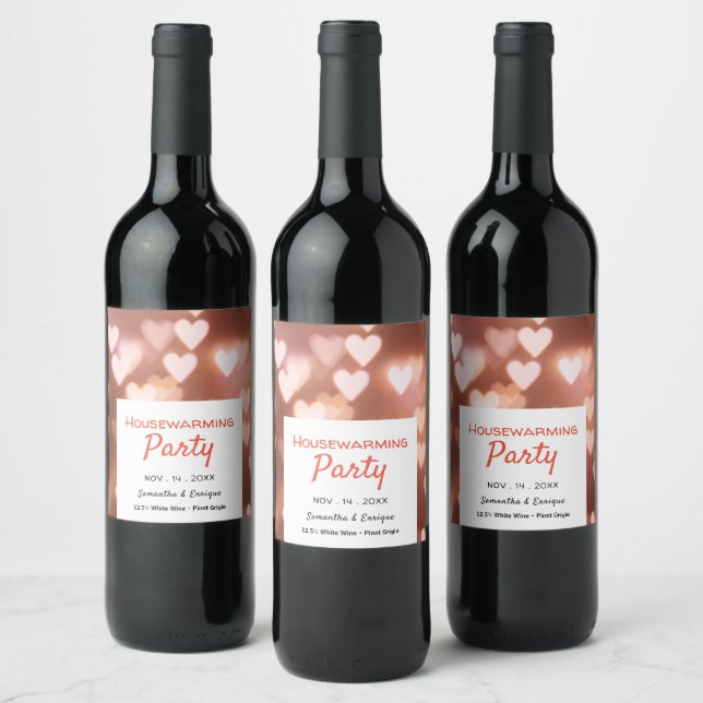 Bokeh Lights, Pink Heart Housewarming Party Wine Label (Bottles)
