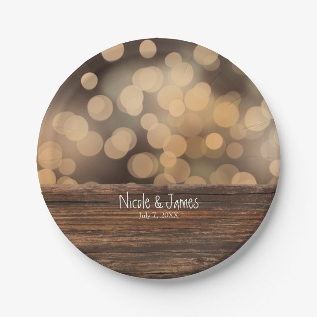 Bokeh Lights & Wood Rustic Sparkle Wedding Paper Plate (Front)