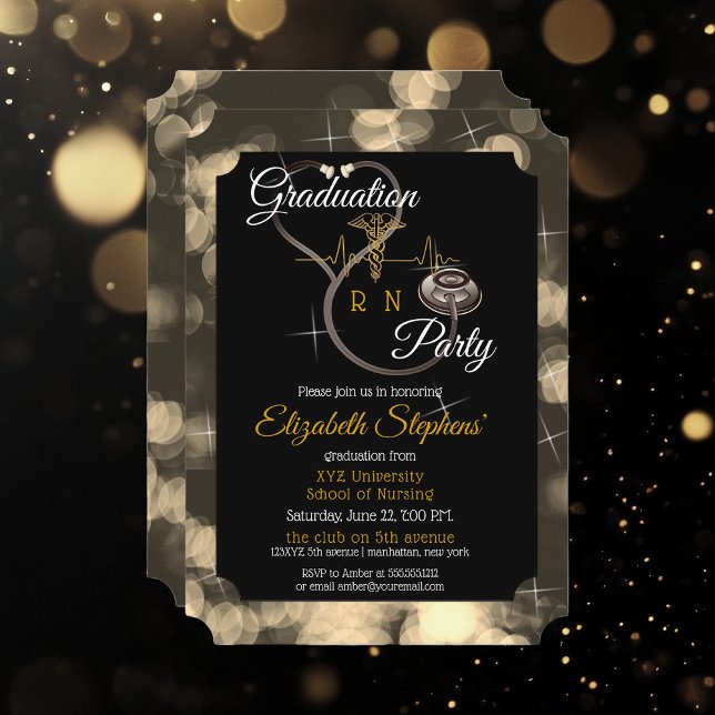 Bokeh Nurse Stethoscope EKG Graduation Party Invitation (Bokeh Nurse RN Stethoscope EKG Graduation Announcement and Party Invitation - Print | Download)