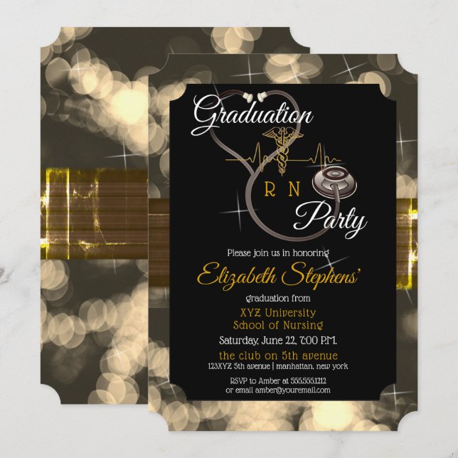 Bokeh Nurse Stethoscope EKG Graduation Party Invitation (Front/Back)