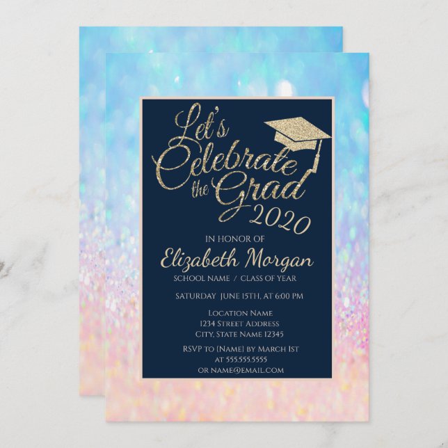 Bokeh Ombre Glitter Graduation Cap Graduation Invitation (Front/Back)