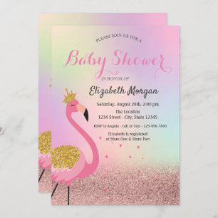 Bokeh,Pink Flamingo Holographic Baby Shower Invitation