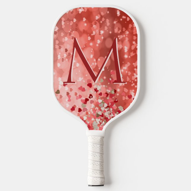 Bokeh Red Glitter Heart Monogram Pickleball Paddle (Front)