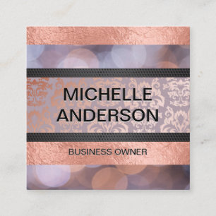 Bokeh   Rose Gold Foil   Damask Colour Block Square Business Card