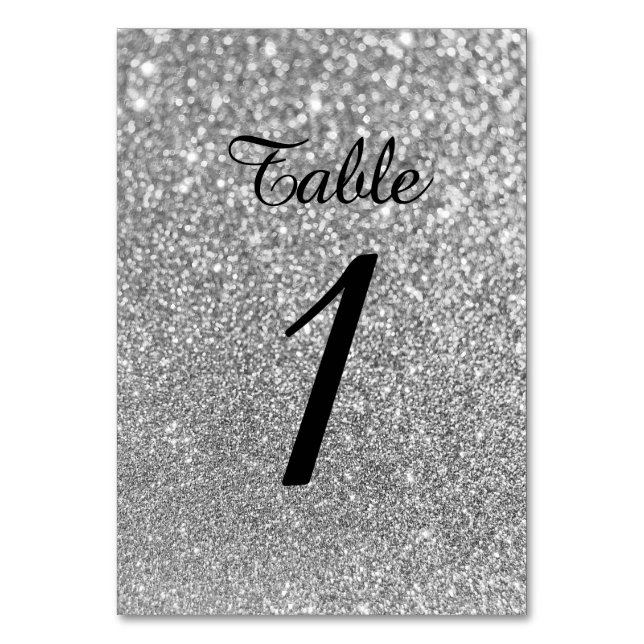 Bokeh Silver Glitter Modern Calligraphy Table Number (Front)