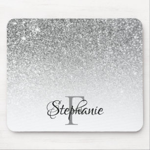 Bokeh Silver Grey Glitter White Ombre Monogram Mouse Pad