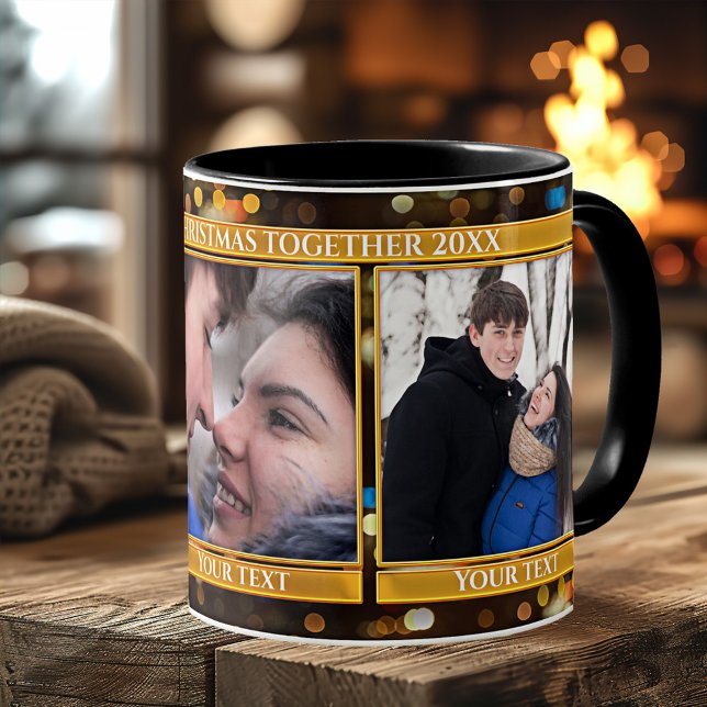 Bokeh Sparkling Lights 3 Photos Christmas Mug (First Christmas together photo mug featuring a gold and sparkling bokeh lights design)