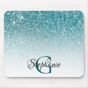 Bokeh Teal Glitter White Ombre Monogram Mouse Pad