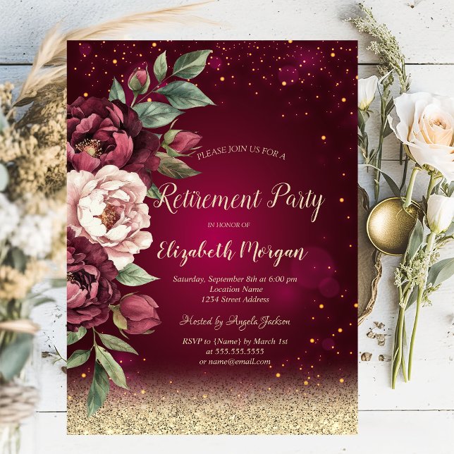 Bokeh White Burgundy Roses Red Retirement  Invitation (Creator Uploaded)