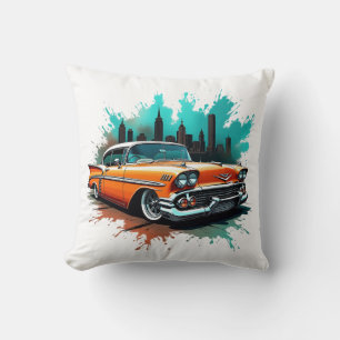 Bold 1958 Car with Skyline and Paint Splash Design Cushion