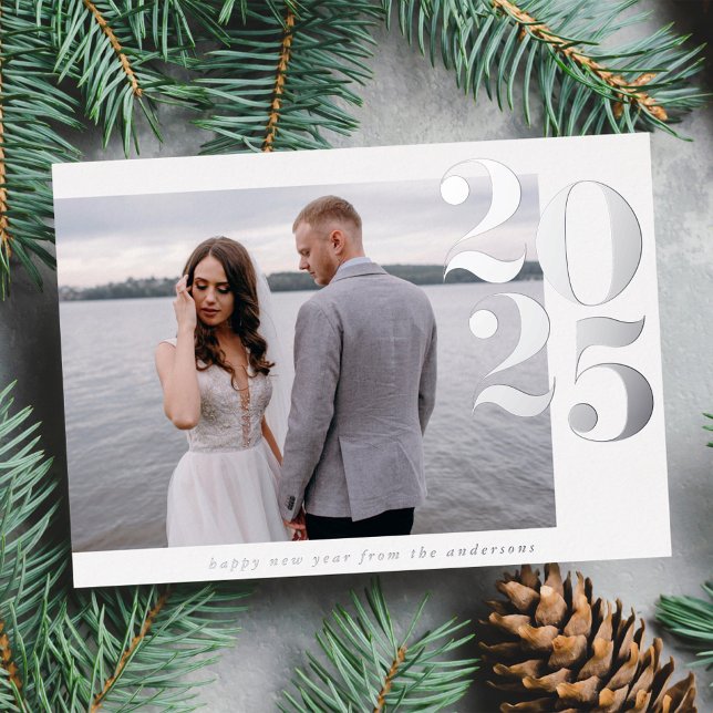 Bold 2023 New Year Photo Silver Foil Holiday Card (Creator Uploaded)
