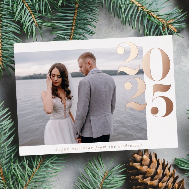 Bold 2025 New Year Photo Rose Gold Foil Holiday Card (Creator Uploaded)