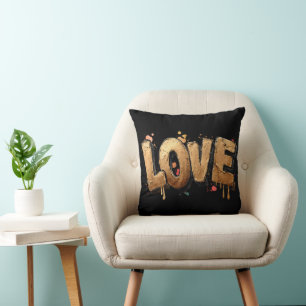 Bold 3D Graffiti Art of the Word "LOVE" in Gold Cushion