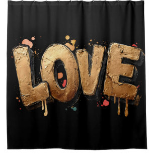 Bold 3D Graffiti Art of the Word "LOVE" in Gold Shower Curtain