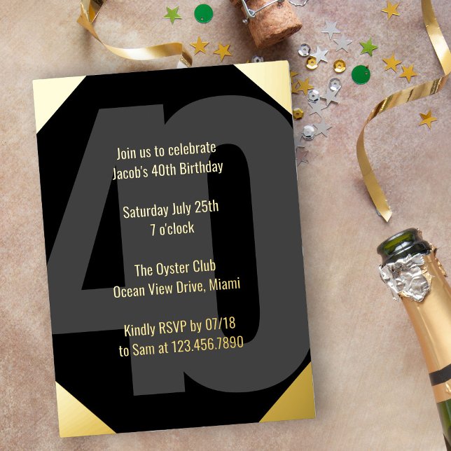 Bold 40th Birthday Luxe Black and Gold (Luxe 40th Birthday Invitation in black and gold with Bold Oversized Number and Typography)