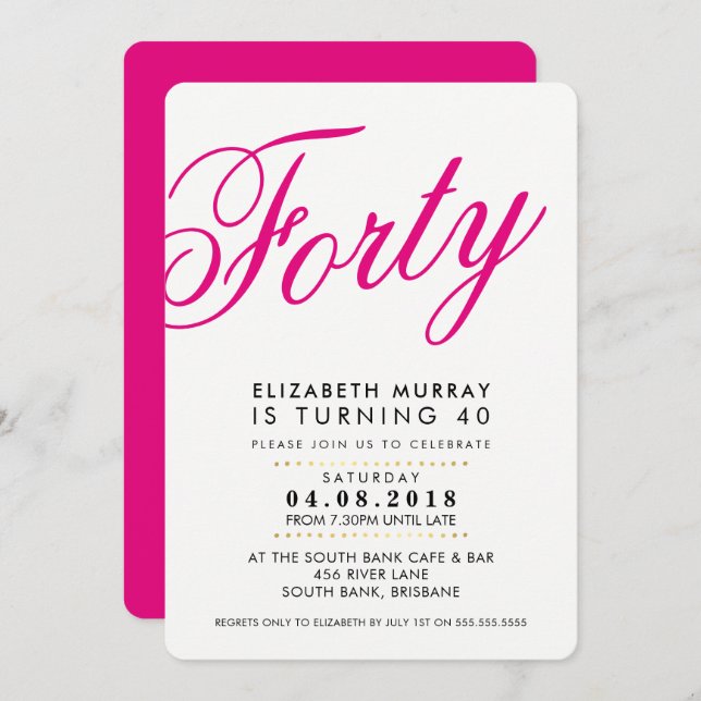 BOLD 40TH birthday party INVITE script black pink (Front/Back)