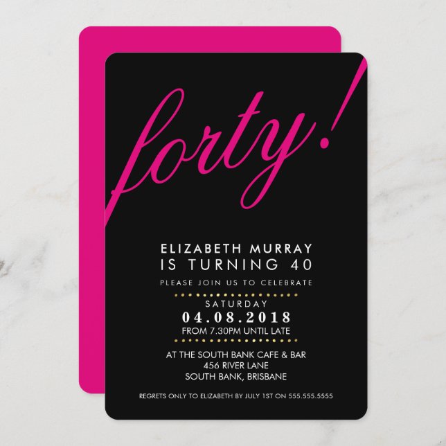 BOLD 40TH birthday party INVITE script black pink (Front/Back)