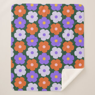 Bold 70s Retro Flower Pattern Purple Green Cosy Sherpa Blanket