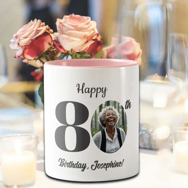 Bold 80th Birthday Photo Two-Tone Coffee Mug (Creator Uploaded)