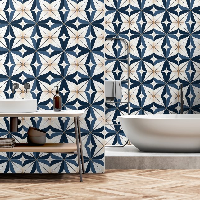 Bold Abstract Blue and Off White Moroccan Tile Wallpaper (Creator Uploaded)