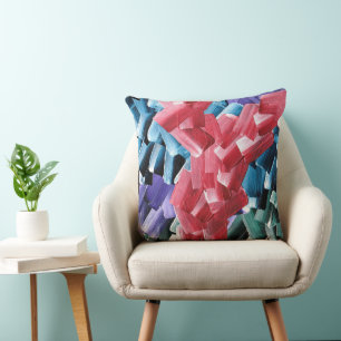 Bold Abstract Brush Strokes in Red and Blue Cushion